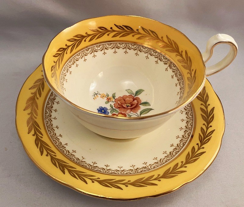 Vintage Aynsley Cup & Saucer Yellow w/Gold Laurel Leaves & Multi Flowers C165
