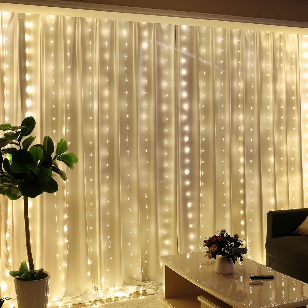 HXWEIYE 300LED Fairy Curtain Lights, 9.8x9.8Ft USB Regular, Warm White