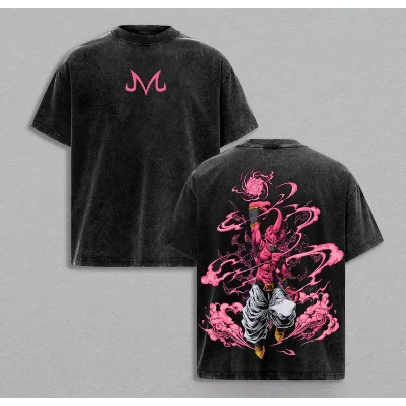Majin Buu Vintage Washed Anime T-Shirt | Kid Buu Pink Energy Graphic Tee | Overs