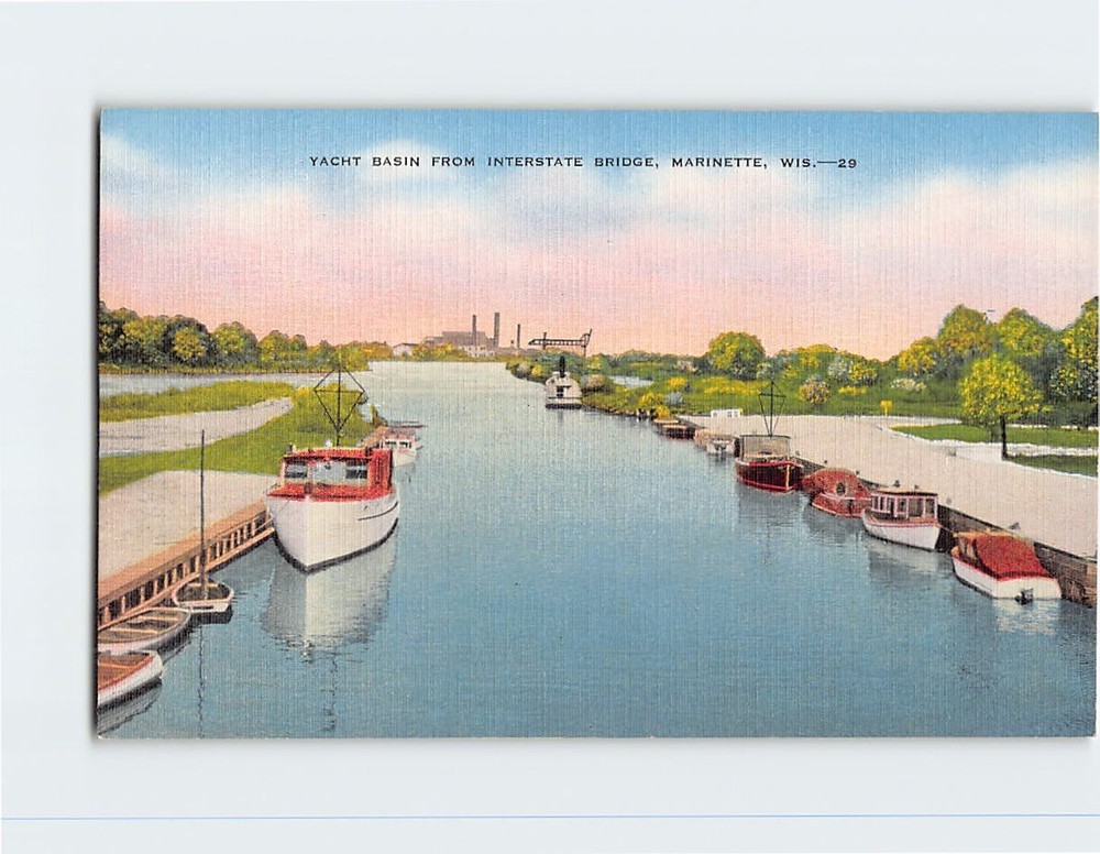 Postcard Yacht Basin from Interstate Bridge Marinette Wisconsin USA