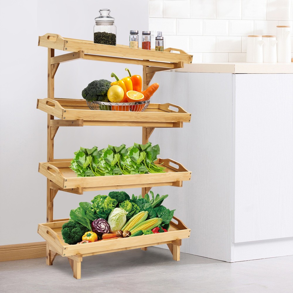 4-Tier Bamboo Storage Shelf with Removable Trays - Floor Standing Organizer  