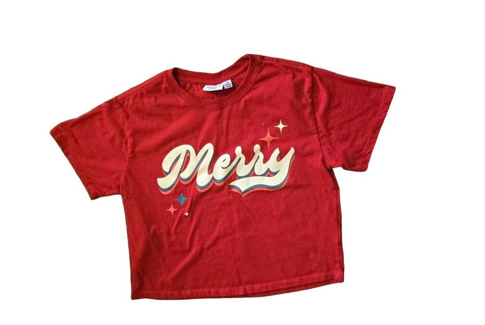 Y2K Merry Crop Red T Shirt MIGHT FINE Small Holiday Christmas December