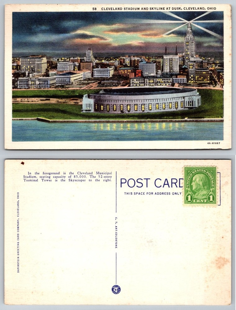 Cleveland Stadium & Skyline at Dusk Postcard, Ohio, 1940s Curteich Art-Colortone