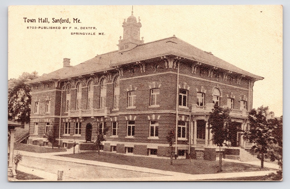 Town Hall Building Exterior Street FH Dexter Sanford Maine ME 1908 Postcard