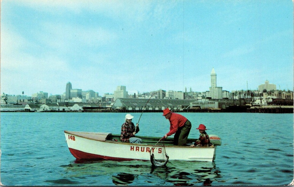 1950s Fishing Elliott Bay in View Downtown Seattle Washington Vintage Postcard
