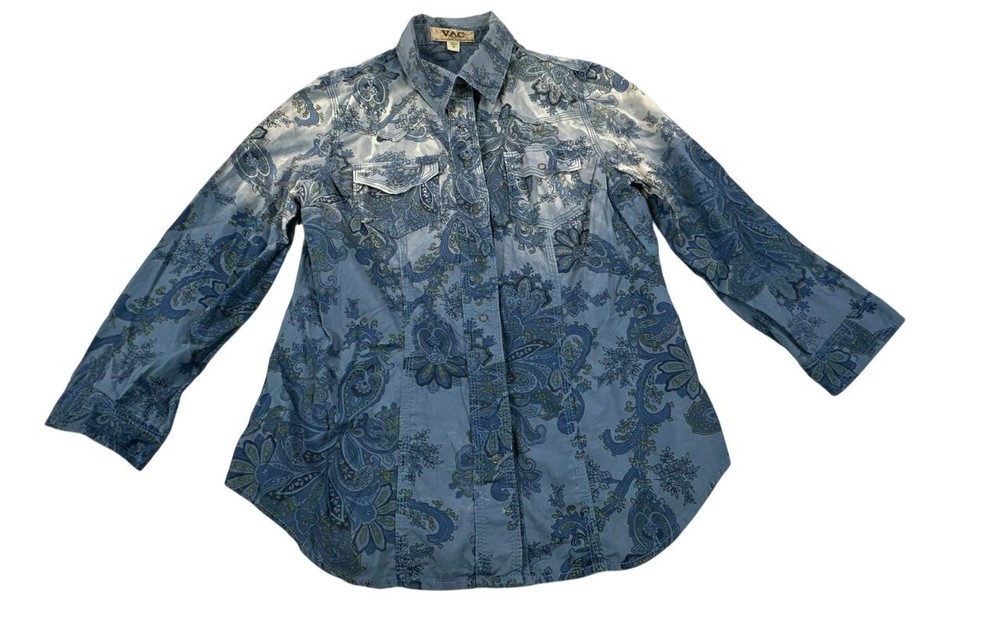 Nine West VAC Blue & White Bohemian Snap Button Western Shirt. Women's - Size M