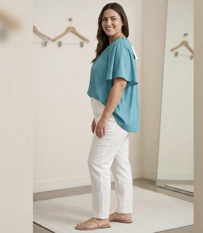 Rose + Olive Blue Solid Round Neck Ruffle Flutter Short Sleeve Blouse L