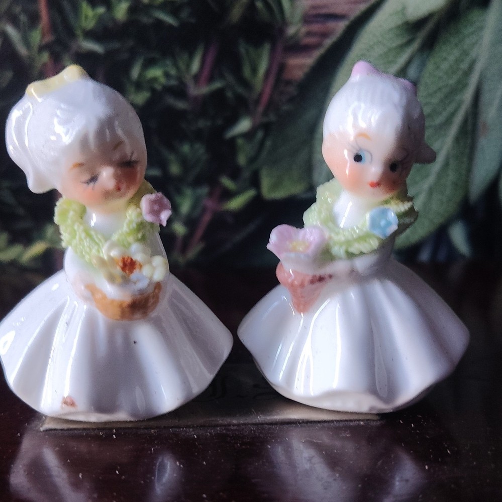 Vintage Ceramic Girl Salt & Pepper Shaker Set 2pc White w/ Pink Blue Green