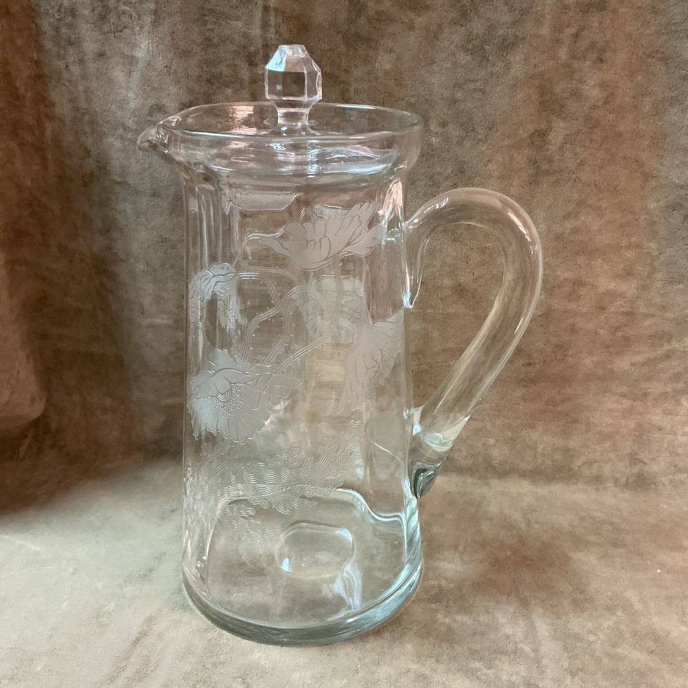 Rare 1920s Tiffin glass Poppy etched clear water pitcher