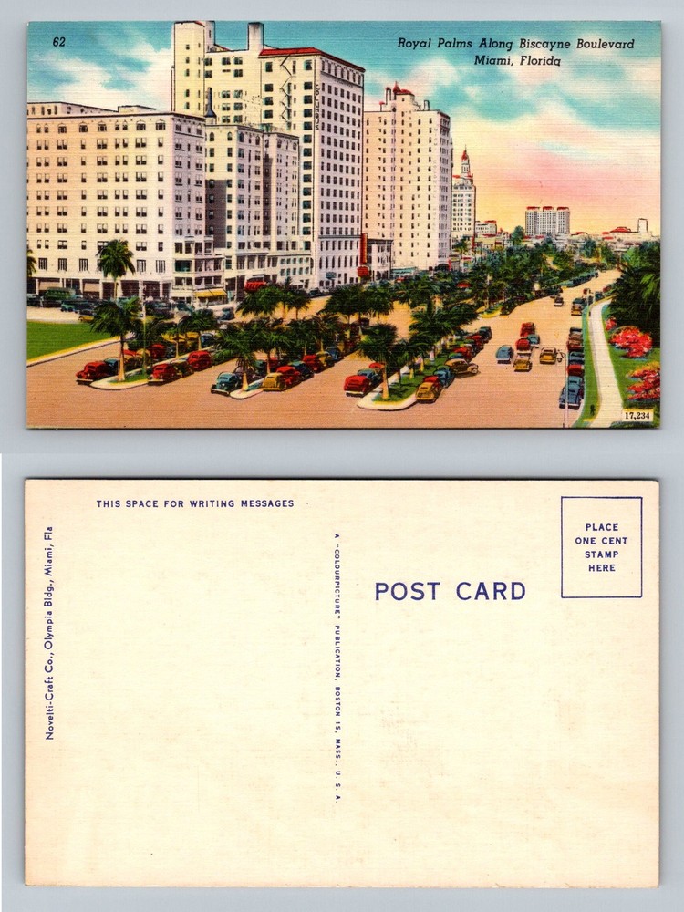 Miami, FL-Florida, Royal Palms Along Tropical Biscayne Blvd. Vintage Postcard