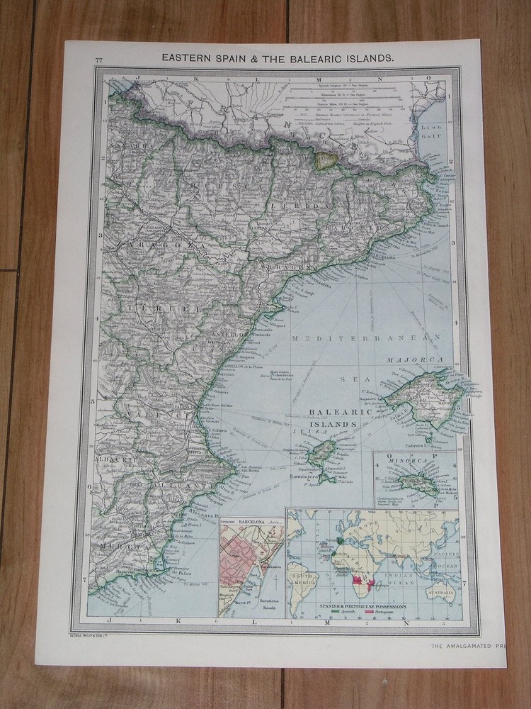 1908 Antique Map Of Eastern Spain Catalonia Barcelona / Balearic Islands Majorca