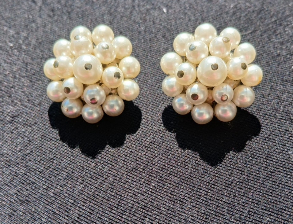 Vintage Japan Signed Faux Pearl Cluster Clip-On Earrings