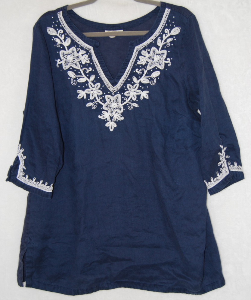 Charter Club linen Top Womens 2X Blue Luxury 100% Linen Embellished lagenlook