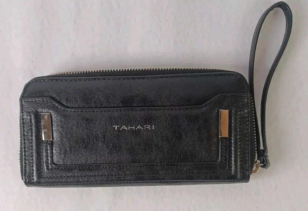 Tahari RFID Blocking Black Faux Leather Clutch Wristlet Wallet