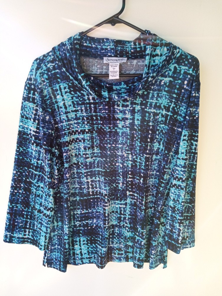 SERENGETI Blue Green 3/4 Sleeve Women's Stretch Blouse Large