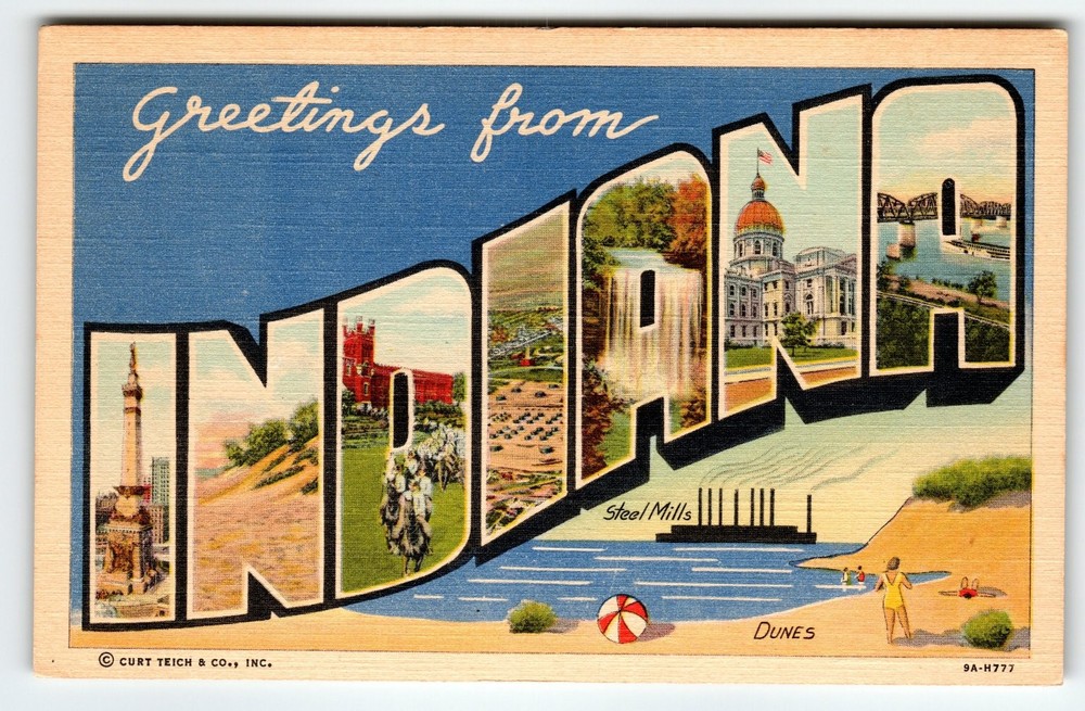 Vintage Large Letter Greetings from Indiana Linen Postcard by Curt Teich Co.