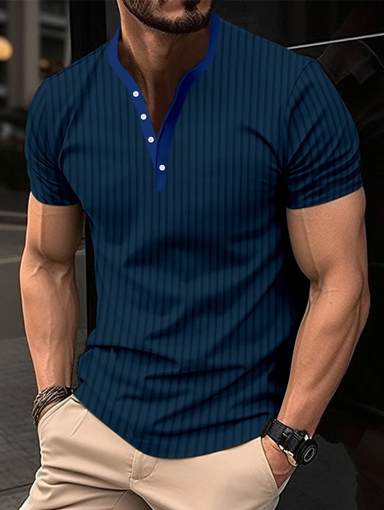 Men's T-Shirt Slim V-Neck Shirts Fashion Sports Short Sleeve Casual Button Tops