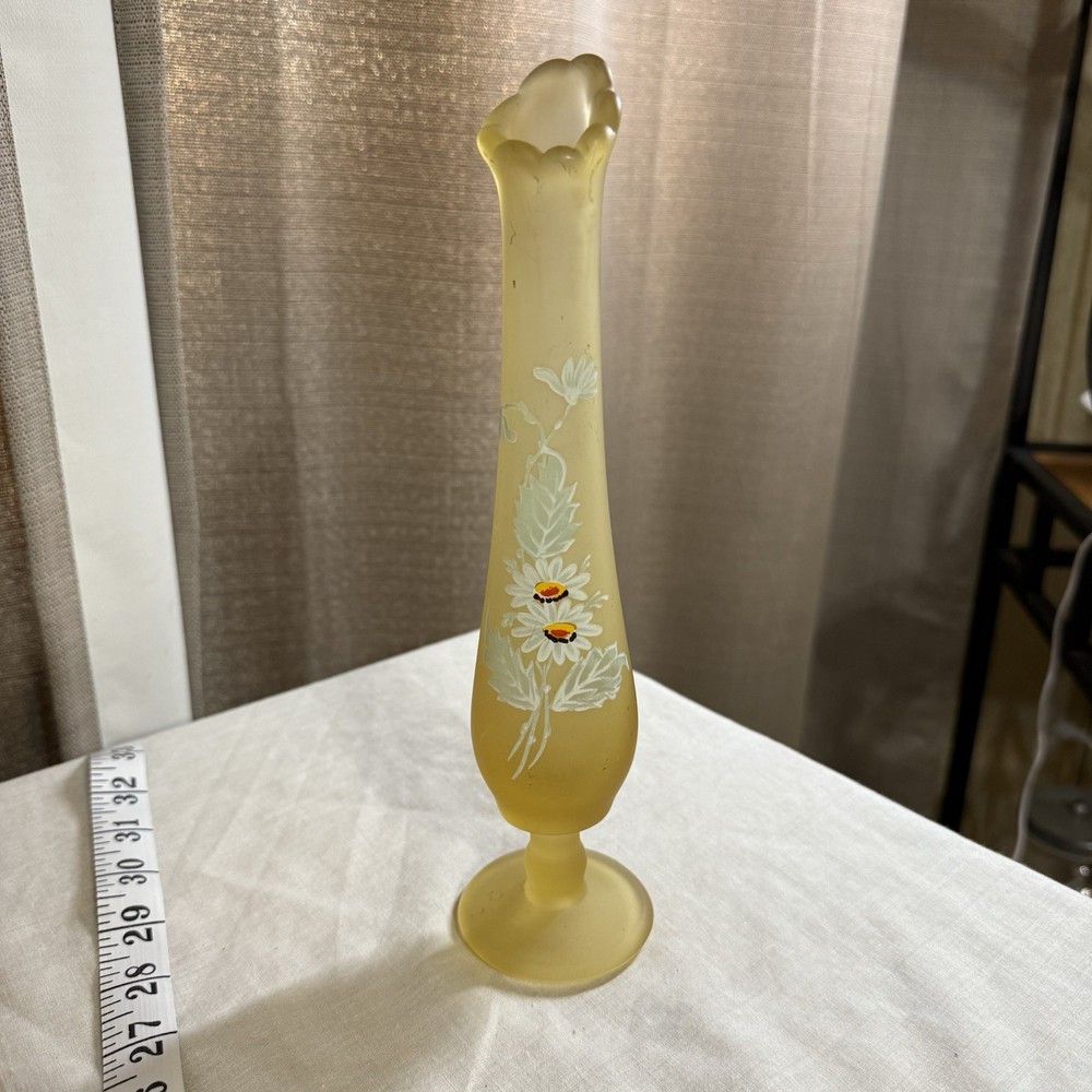 Vintage 1970s Westmoreland Yellow Satin Glass Daisy Bud Vase with Swung Top