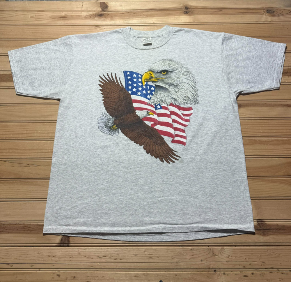 Vintage 90s Bald Eagle American Flag Patriotic Heather Shirt USA Made - Size XL