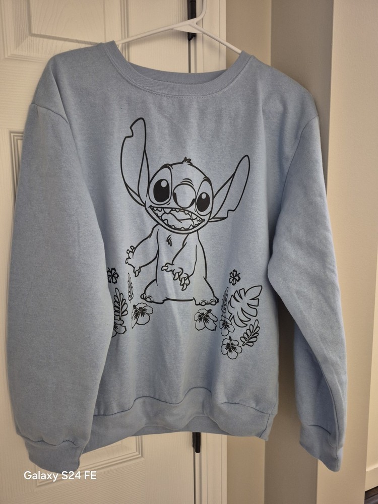 Disney Lilo & Stitch Jrs STITCH Light Blue Sweatshirt size LG pullover