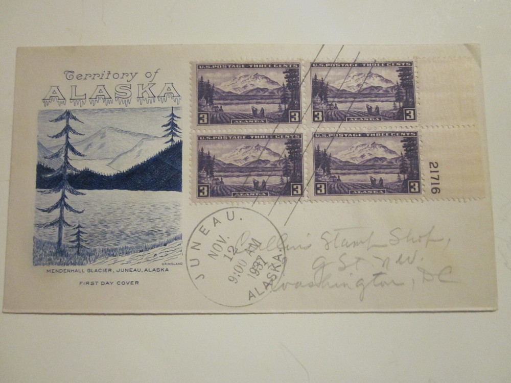 1937 US FDC Alaska Territory Plate Block #21716 First Day Cover #800  