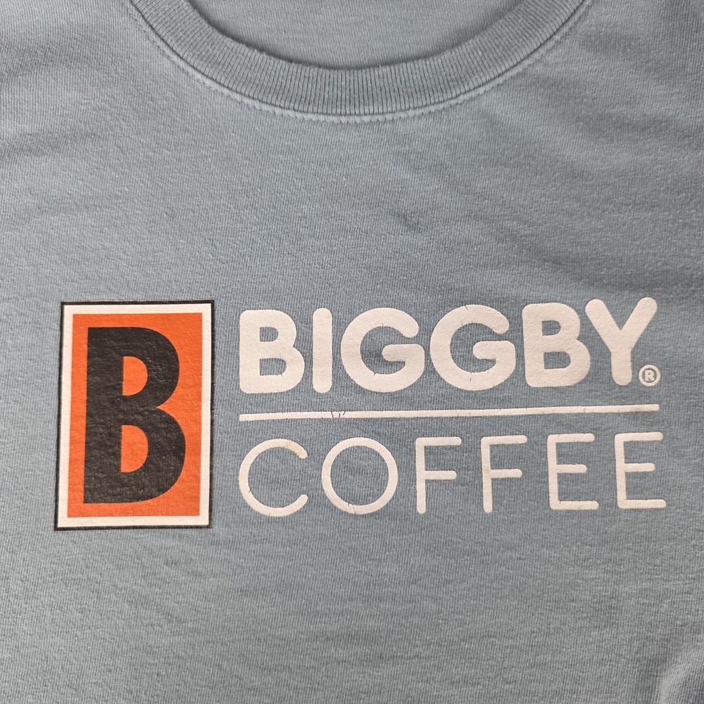 BIGGBY Coffee T Shirt Mens Large Blue Port & Company Logo Tee Cotton Employee