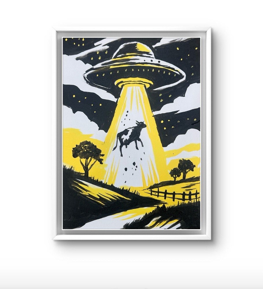 Original Abstract Alien Cow Abduction Painting 14x11 canvas Modern Wall Art Home