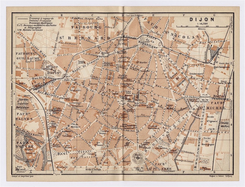 1905 Antique City Map Of Dijon / Burgundy / Bourgogne / France