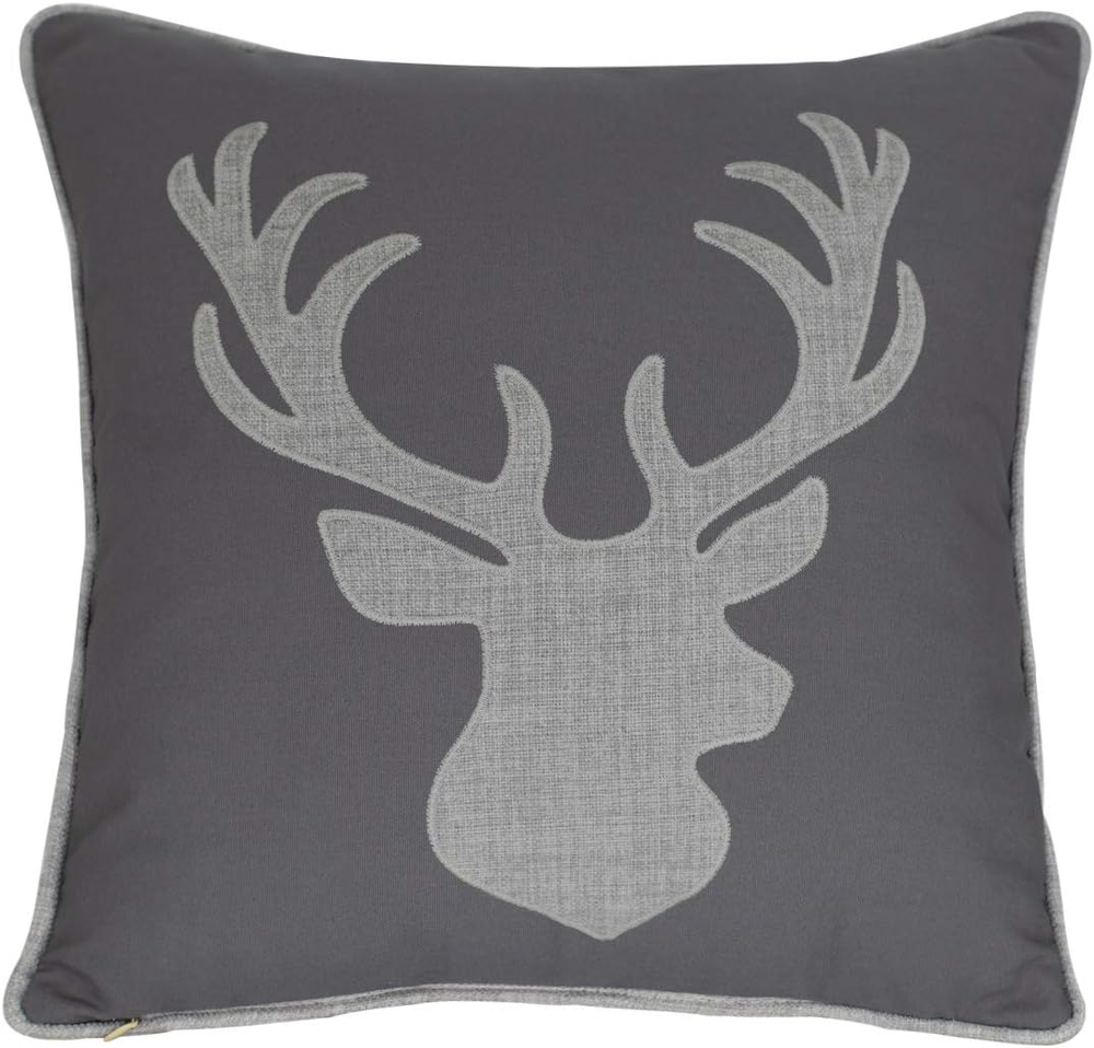 Deer Head Cotton Linen Embroidered Pillow Cover 18x18 Inches  