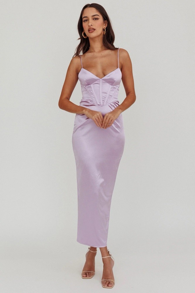 Selfie Leslie Seraya Lace-Up Back Satin Maxi Dress Lilac Size XS