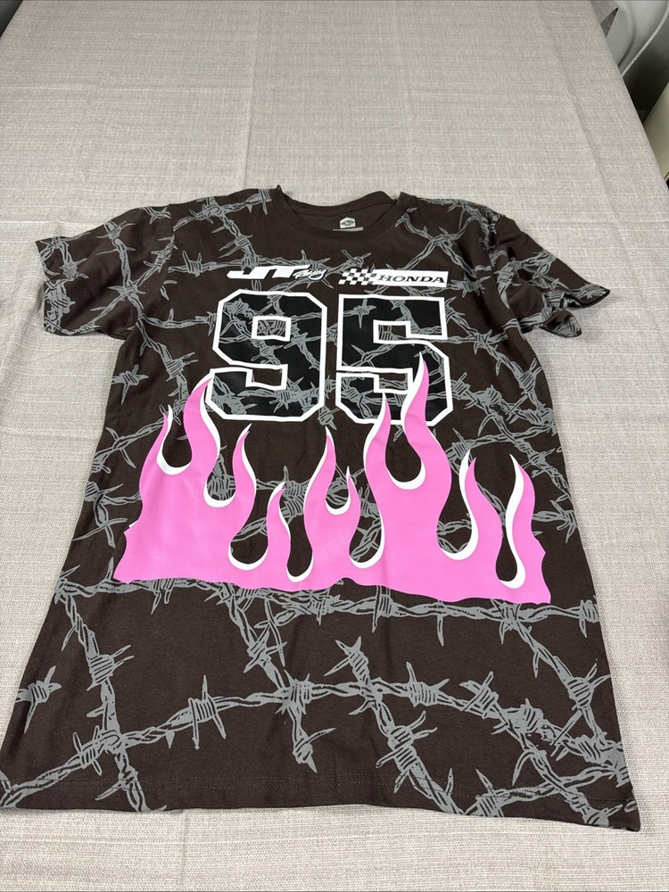 Honda Men's Sz M Black Knit Crew Neck Short Sleeve 95 Flame Graphic Logo T-Shirt