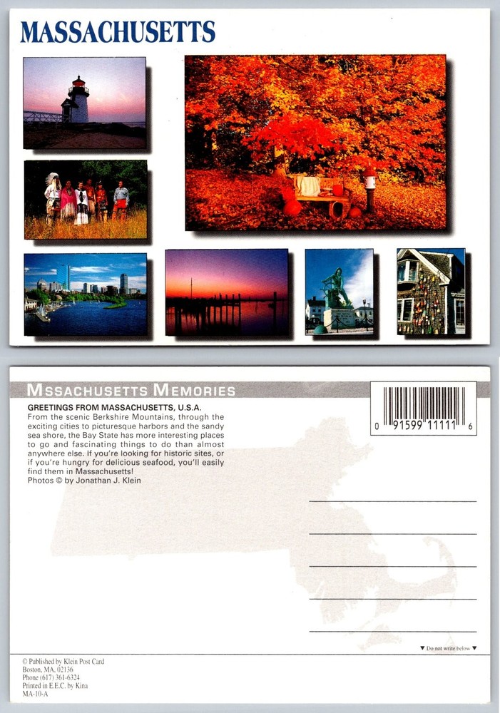 Massachusetts Multi-View Postcard - Lighthouse, Fall Foliage, Boston Skyline