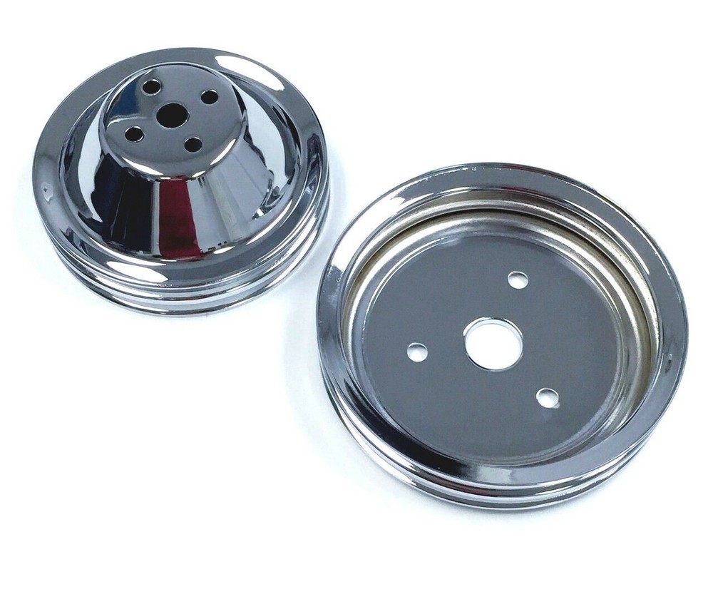 Double Groove Pulley Kit, Fits Chevy SBC Short Water Pump, Chrome Steel, 283 327