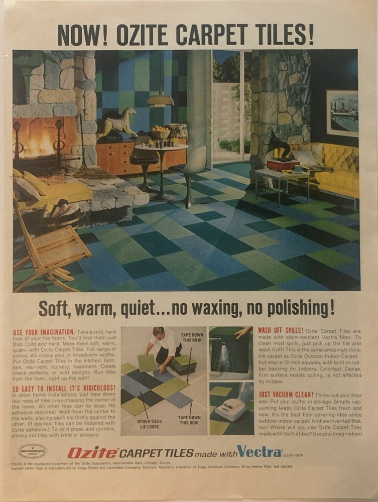 1968 Ozite Carpet Tiles PRINT AD Vectra Olefin Fiber VTG 60s No Waxing Polishing