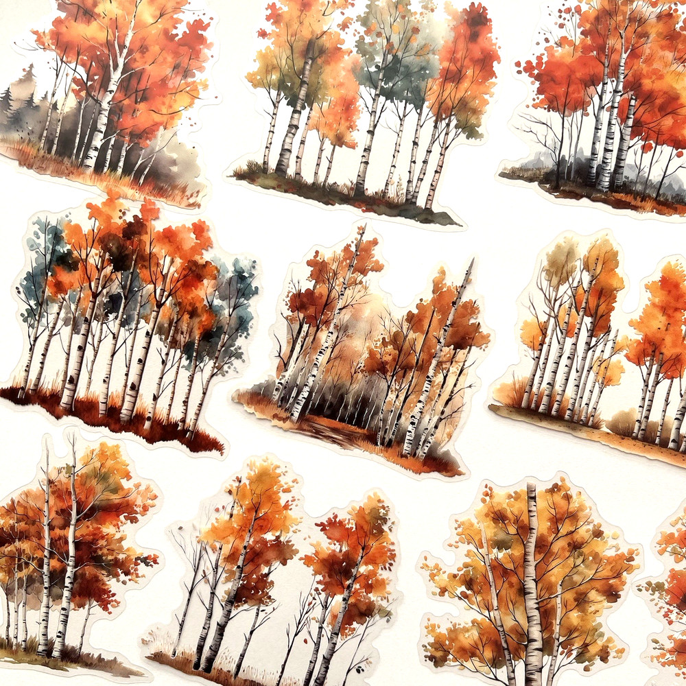 Autumn Birch Tree Stickers Scrapbooking Junk Journaling Collage