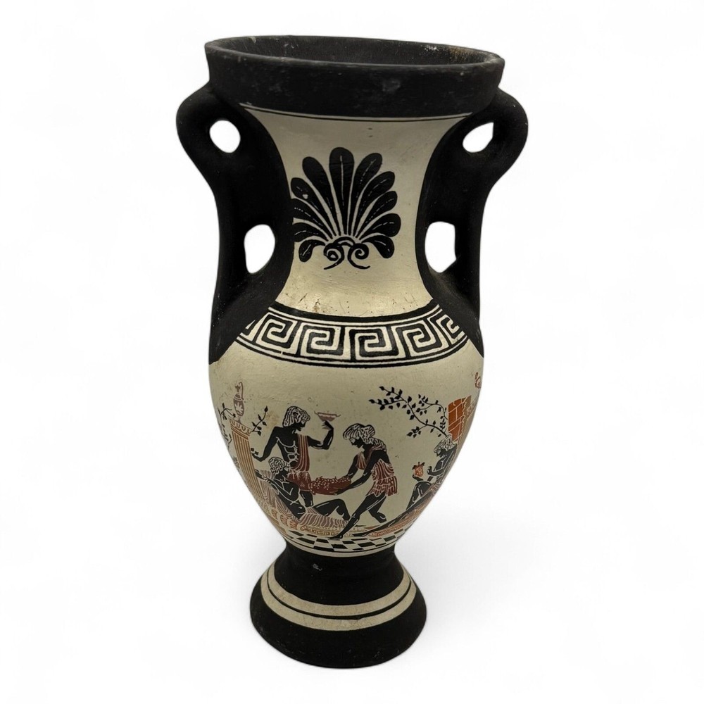 Handmade Greek Ceramic Vase With Mythological Black Figure Design 7.25