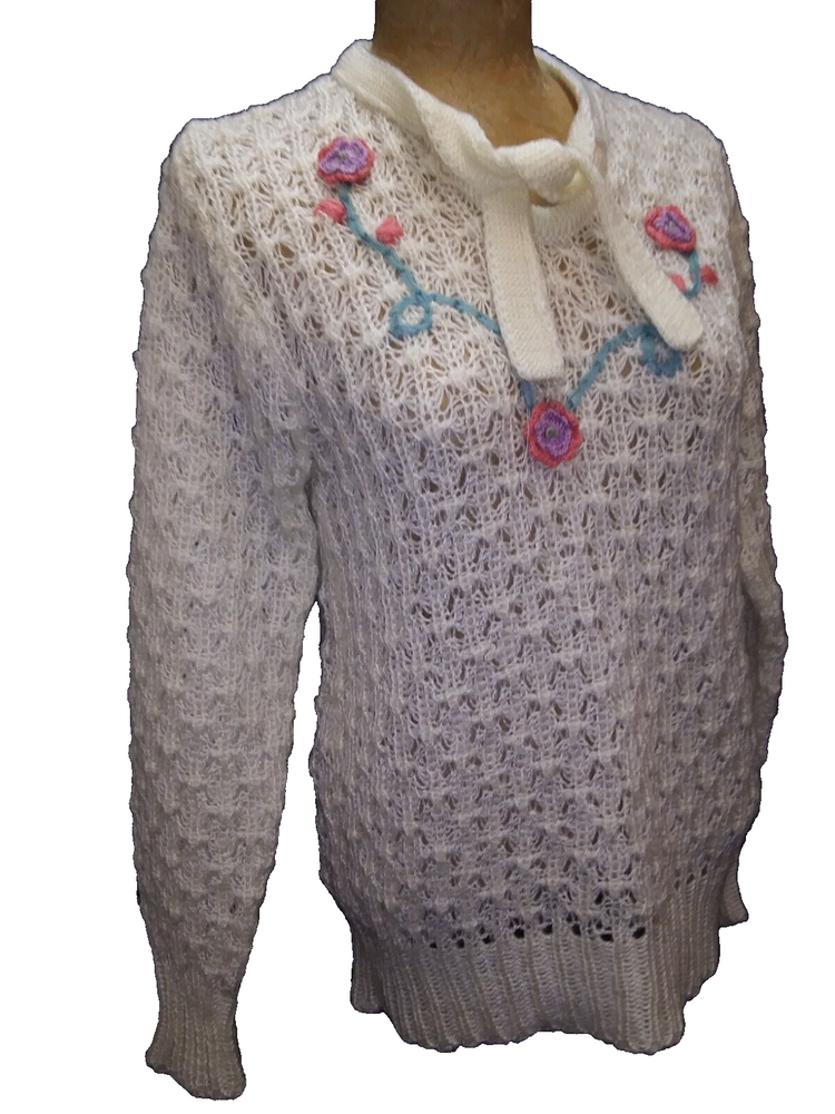 VINTAGE 1970s Loose Knit Cream White Embroidered Sweater by Stacey's Things L