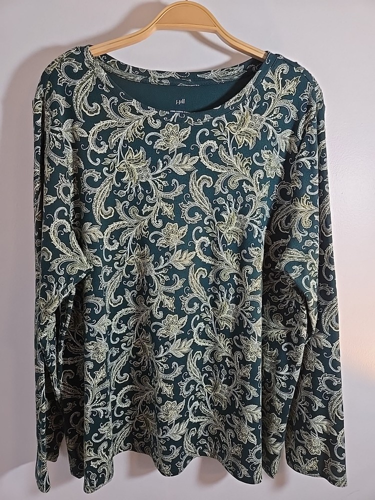J.Jill Pima Cotton Green Floral Top Blouse Size XL Long Sleeve