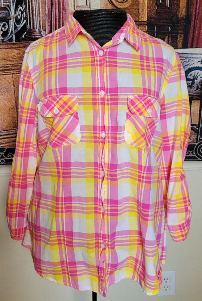 US Polo Assn Pink Yellow Plaid Roll-Tab Sleeve Button-Up Shirt