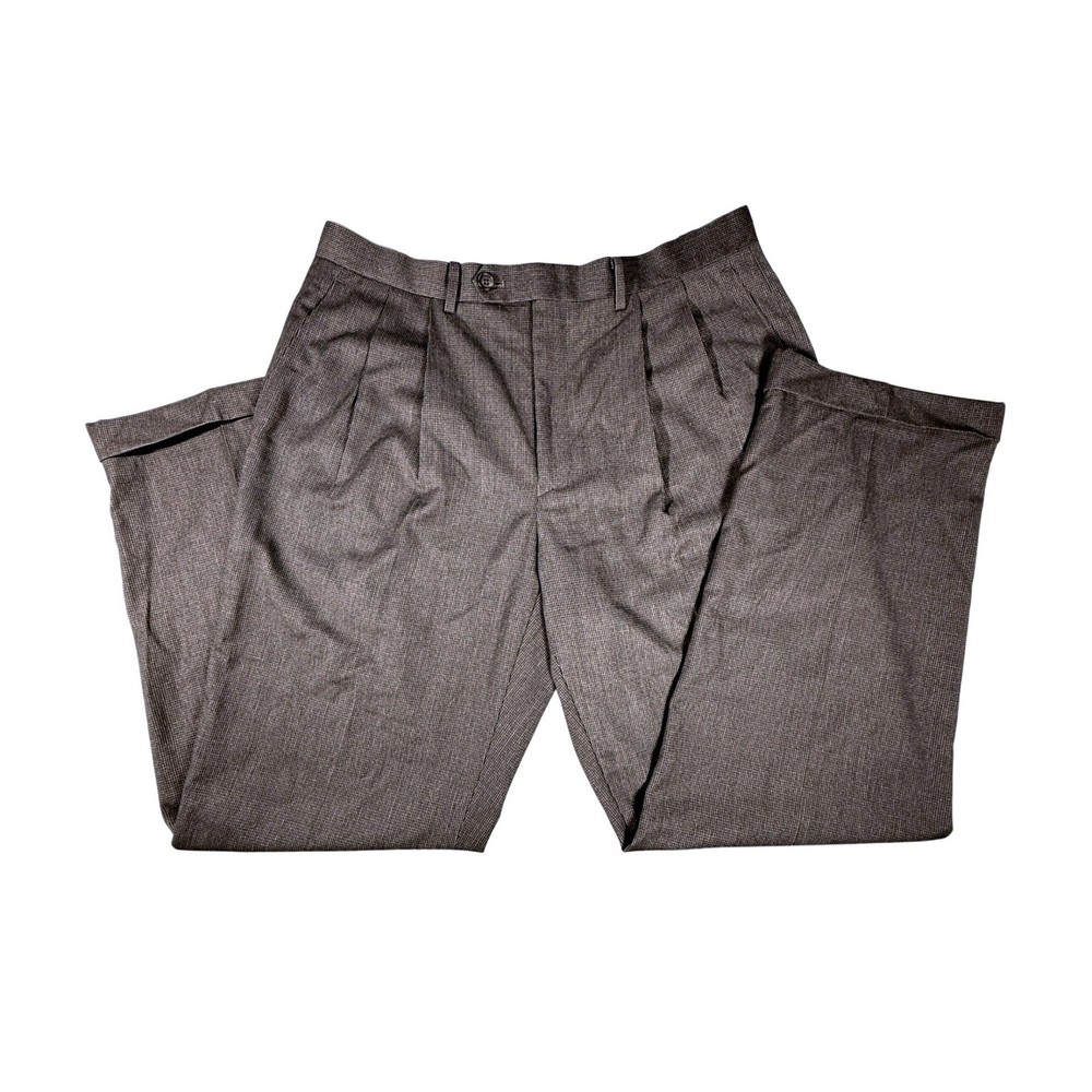 Ralph Lauren Mens 34x30 Brown Micro Houndstooth Pleated Cuffed Dress Pants