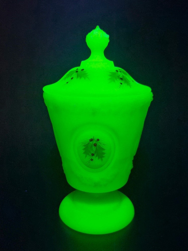 1970’s Fenton Uranium Custard Glass Pedestal Lidded Candy Jar (It glows!)