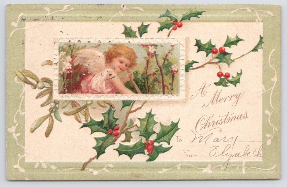 Christmas~Lil Angel In White Frame~Holly~To-From Card~Embossed~IAPC~1907 UDB PC