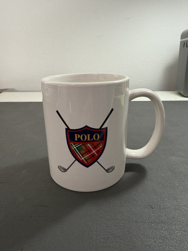 Ralph Lauren Polo Golf Coffee Mug Cup Crest Shield Tartan Golf Clubs 1997