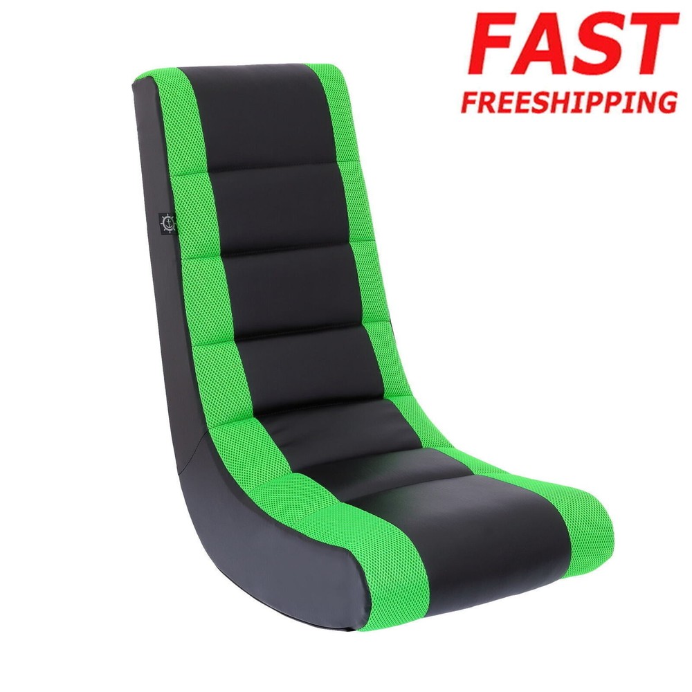 Black Green Faux Leather Rocker Gaming Chair with Durable Mesh Frame for TV