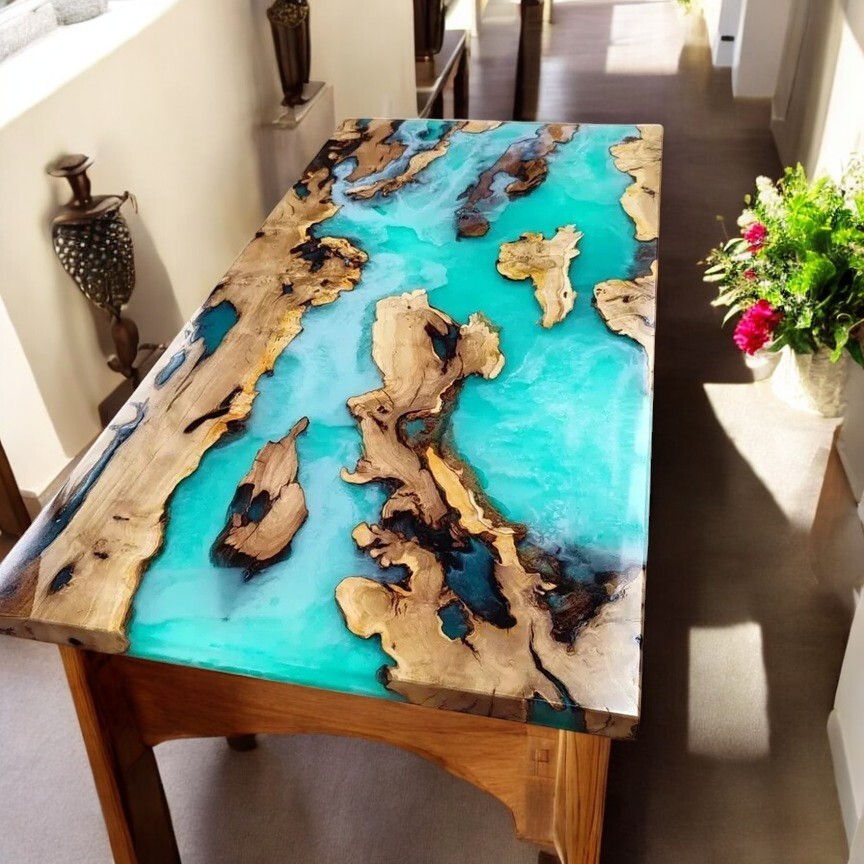 48 Inch Blue Epoxy Resin Dining Table with Acacia Wood Base for Living Room-image