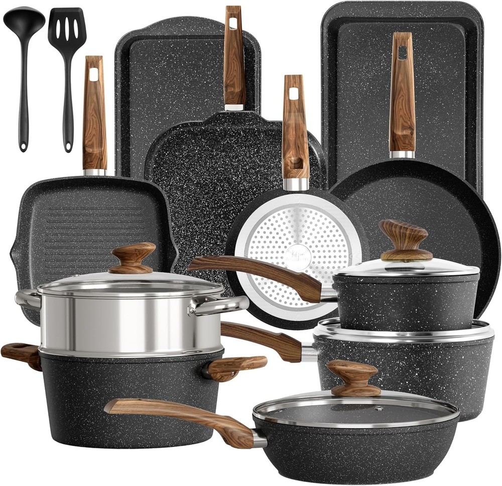 17pcs Granite Non-Stick Cookware Set Induction Pots & Pans with Lids Black