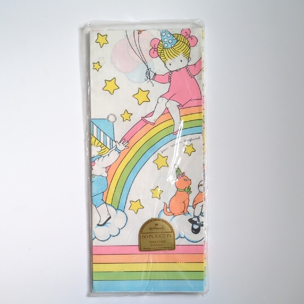 Vintage 80s Hallmark Rainbow Cat Birthday Party Tablecloth Joan Walsh Angulnd