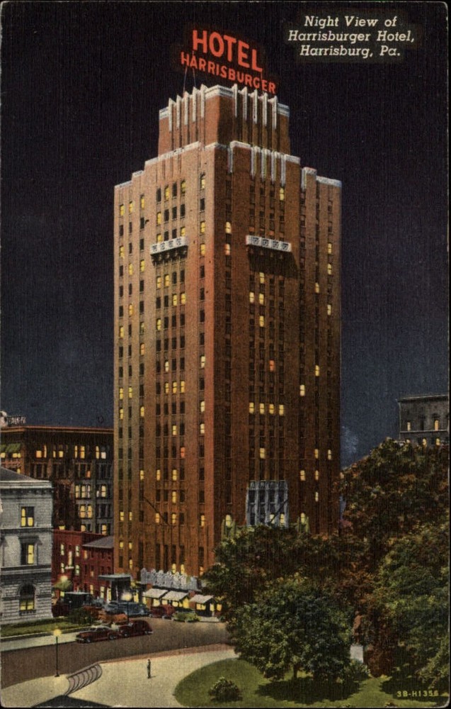 Hotel Harrisburger Pennsylvania night view ~ 1940s linen postcard