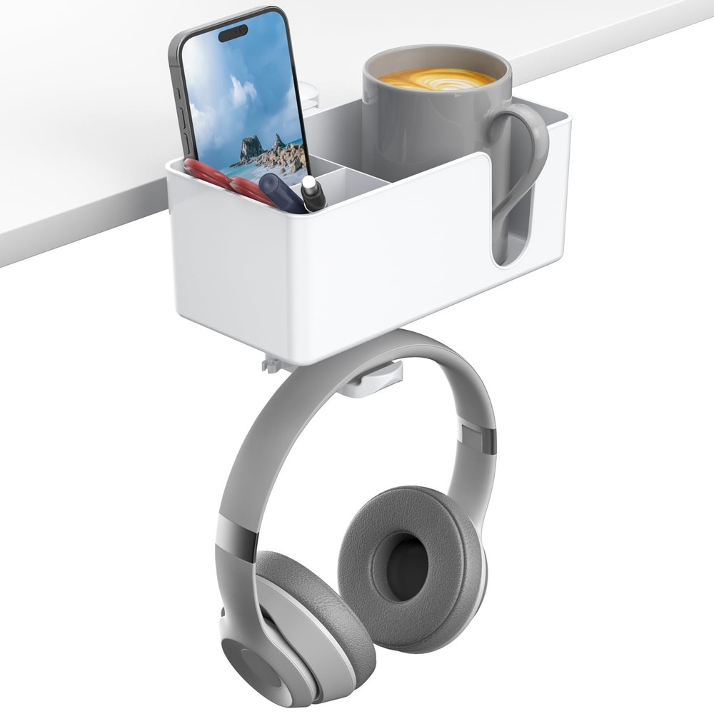 4-in-1 Desk Organizer - Under Desk Cup Holder and Headphone Hanger with 2 Wir...