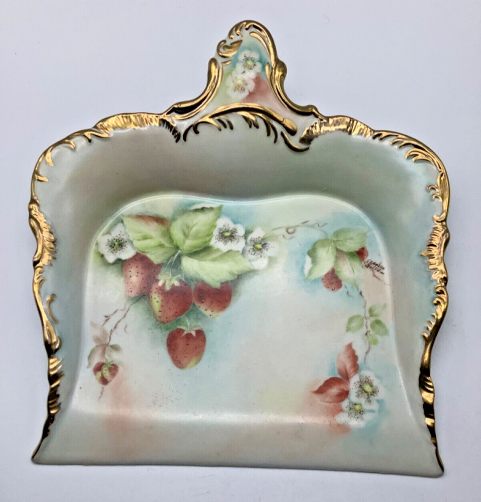 Vintage Ceramic Crumb Catcher Butler Tray Dust Pan Handpainted Strawberries 8.5”